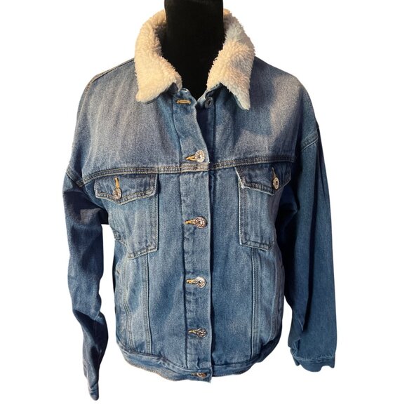 Love Tree Denim Sherpa-Lined Blue Jean Jacket Medium Boho Gorp Core Y2K Westen - Picture 1 of 10